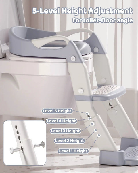 Adjustable Toddler Potty Training Seat and Foldable Toilet Trainer with Splash Guard Non Slip Steps Heavy Duty Premium Soft Removable Cushion No Mess Must Have
