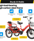 Folding Cruiser Trike For Kids Aged 2 To 10 With Dual Brakes, three wheel rickshaw pedal tricycle in red, carbon steel frame.