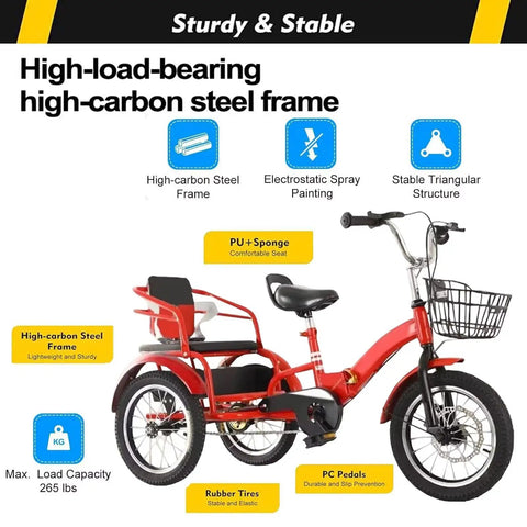 Folding Cruiser Trike For Kids Aged 2 To 10 With Dual Brakes, three wheel rickshaw pedal tricycle in red, carbon steel frame.