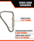 Heavy Duty Steel Locking Carabiner For Fall Protection Systems And Tower Hook Applications, shown with weight details.