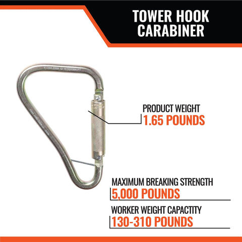 Heavy Duty Steel Locking Carabiner For Fall Protection Systems And Tower Hook Applications, shown with weight details.