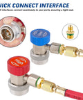 Two automotive A/C refrigerant adapters with red high-cap and blue low-cap brass hose fittings