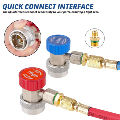 Two automotive A/C refrigerant adapters with red high-cap and blue low-cap brass hose fittings