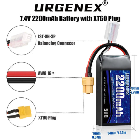 Diagram of 2S 2200mAh 7.4V Lipo Battery With XT60 Plug For RC Cars Drones And FPV Rigs 50C Continuous Burst 80C High Discharge Power