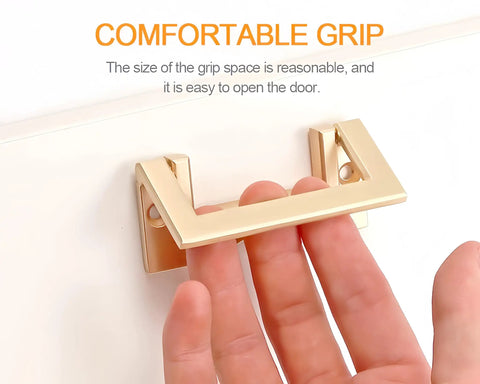 Gold Hidden Exposed Door Pull Handles Set installed on cabinet, demonstrating comfortable grip, 32mm spacing, sleek modern design