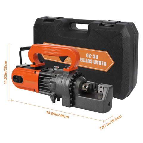 1250w Electric Hydraulic Rebar Cutter Tool For 3/4 Inch #5 Steel Bar Cutting. Side view showing copper motor and stainless steel case.