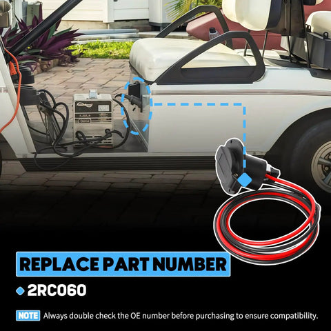 Charger Cord Receptacle For Classic Golf Carts 2008 Up Replace 2RC060 shown with connected golf cart and cable close-up