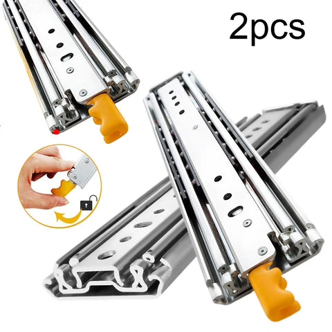 Heavy Duty Drawer Slides 44 Inch with locking runners and metal rails, shown with locking mechanism and smooth steel track guides.