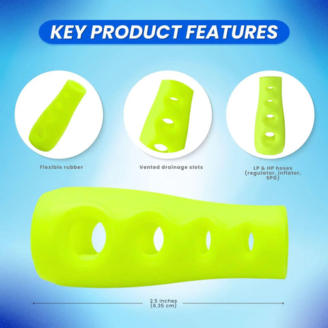 Neon Yellow 2.5 Inch Regulator Hose Protector For Scuba Diving With Vented Self Draining Design Keeps Hose Safe From Strain And Fittings