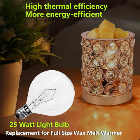 Image showing 25 Watt Wax Warmer Bulbs 120V E12 Base G50 for full-size Scentsy wax warmer with dimmable warm white light.