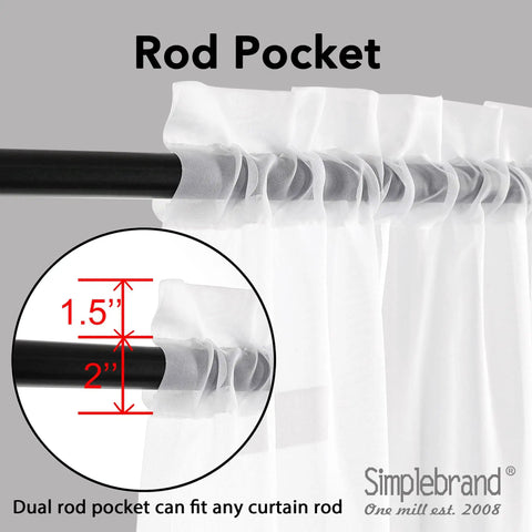 Close-up of dual rod pocket design on Two Lightweight White Sheer Curtain Panels 42 Inch Wide By 72 Inch Long with Rod Pockets.