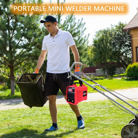 Man with a lawn mower carrying Upgraded MMA 250A 110V Welder Kit With IGBT Inverter Digital LCD Display Hot Start Anti Stick Portable Mini Welder DIY Tool Set Pro Grade Heavy Duty