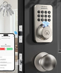 WiFi Smart Door Lock With Fingerprint And Passcode Knobs In Satin Nickel on black door, featuring keypad and mobile app control.