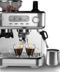 Pro Grade Dual Boiler Espresso Machine With Built In Grinder, 20 Bar Pressure, 30 Custom Settings, Smart LCD Screen, Large Tank brewing espresso into two glasses.