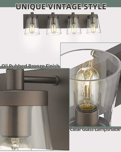 Four Light Bathroom Vanity Lighting Fixture With Clear Glass Shades In Oil Rubbed Bronze Finish close-up of bulb and shade