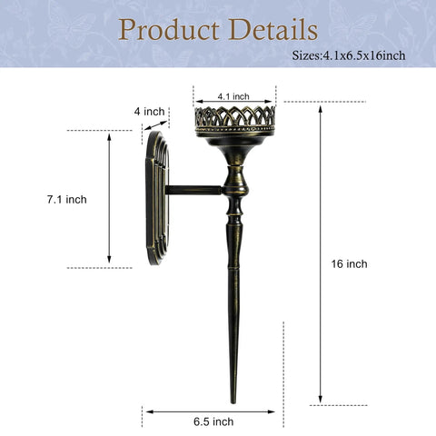 Gatheroad Pillar Candle Wall Sconces Set of 2, Gothic Lattice Crown Decor dimensions 4.1x6.5x16 inch side view