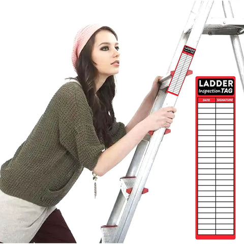 Heavy Duty Red Ladder Inspection Labels 120 Pack Real Deal Safety Stickers For Job Site Checks and Crew Step Tagging on ladder.