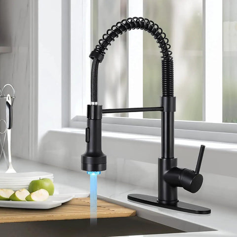 Pull Down Kitchen Faucet With LED Light And Sprayer Single Handle 1 Or 3 Hole Install Deck Plate Included Farmhouse Style Sink Tap