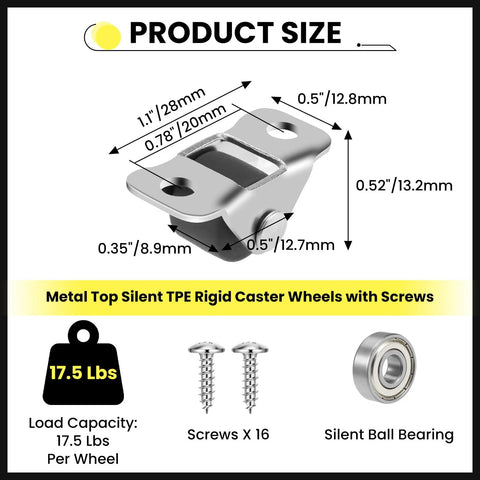 Image showing dimensions and components of the Eight Half Inch Mini Fixed Caster Wheels With Screws for furniture.