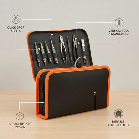 Vertical Tool Organizer Bag For Workbench Red Oxford Cloth Caddy with open top slots holding screwdrivers and pliers on a bench.