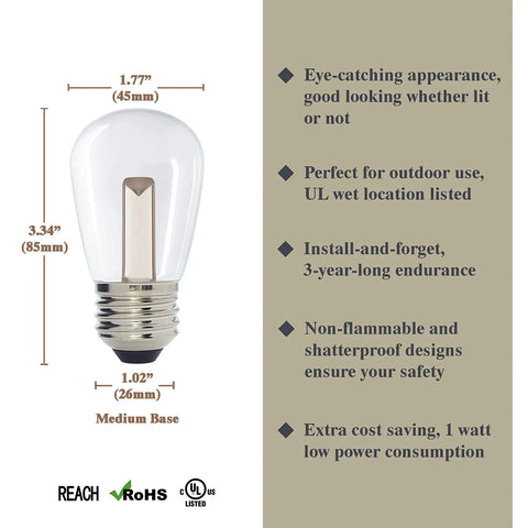 Outdoor Waterproof S14 LED Decorative Bulb Warm White 2400K 1W Low Wattage 10W Equivalent E26 Base Shatterproof 25 Pack