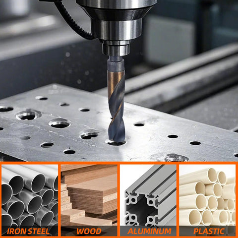Reduced Shank Drill Bits Set, 8 Pc Deming Large HSS Cobalt M2 Bits in use on a metal surface, drilling holes smoothly.
