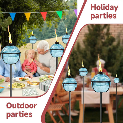 Citronella Torch Set Of Four 16 Oz Blue Glass Outdoor Garden Torches With 3 Prong Ground Stake 58.6 Inch Tall for parties