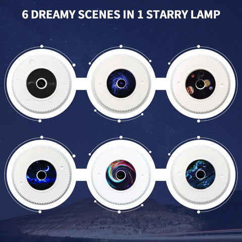 Image of 6 film trays for the 6 In 1 Planetarium Projector Night Light With Nebula Moon And Planets Aurora, showcasing diverse celestial patterns.