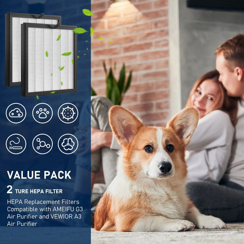 Two Pack G3 True HEPA Replacement Filter FXAP2W for AMEIFU G3 Purifiers with corgi in living room