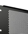 Close-up of 8U perforated flanged blank panel for 19-inch server racks, black steel with holes, EIA ECA compliant hardware included.