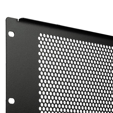 Close-up of 8U perforated flanged blank panel for 19-inch server racks, black steel with holes, EIA ECA compliant hardware included.