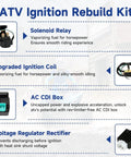ATV Ignition Rebuild Kit with solenoid relay, ignition coil, AC CDI box, voltage regulator rectifier for smooth riding performance.