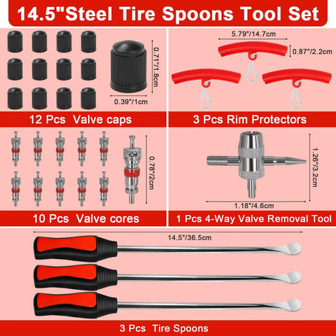 Heavy Duty Tire Spoons Tool Set For Motorcycles Dirt Bikes And Lawn Mowers with valve caps, cores, and rim protectors.