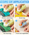 No Sweat Mini Bag Sealer and Cutter, Easy Peasy 2 In 1 Heat Resealer for Chip Bags in use sealing various bag types.