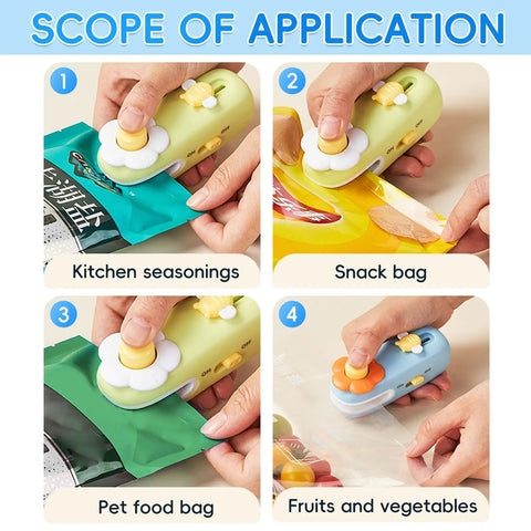 No Sweat Mini Bag Sealer and Cutter, Easy Peasy 2 In 1 Heat Resealer for Chip Bags in use sealing various bag types.