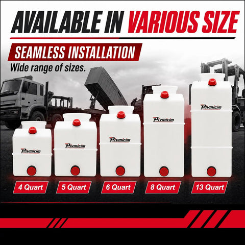 Heavy Duty 4 Quart Poly Hydraulic Power Unit Reservoir Tank For Dump Trucks Trailers Rvs And Boats on display with various sizes