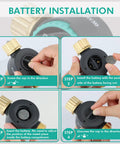 Battery installation steps for 360 Degree Rotatable Water Flow Meter with Brass Inlet and Outlet for garden hoses and sprinklers.
