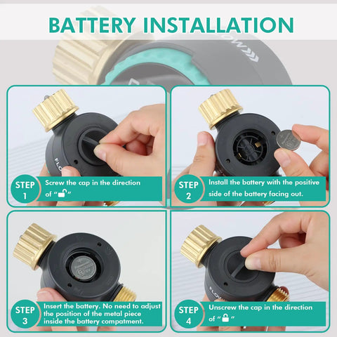Battery installation steps for 360 Degree Rotatable Water Flow Meter with Brass Inlet and Outlet for garden hoses and sprinklers.