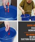 HORUSDY gas siphon kit with 1/2" valve and clear tubing used to transfer liquid into a blue bucket.