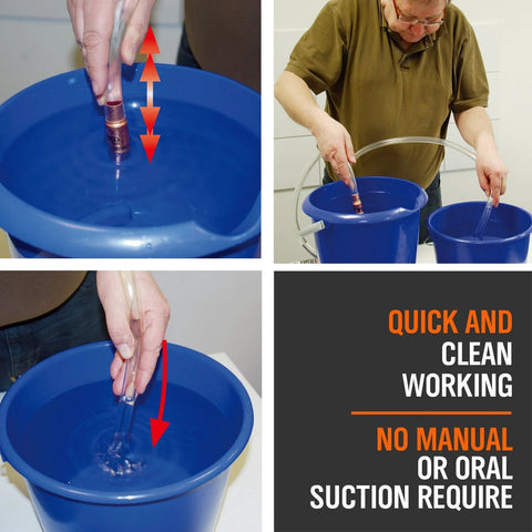 HORUSDY gas siphon kit with 1/2" valve and clear tubing used to transfer liquid into a blue bucket.