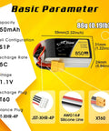 Image showing specifications of High Performance 850mAh 11.1V 75C 3S LiPo Battery Pack Set of Two With XT60 Plug for RC Cars Drones and Boats.