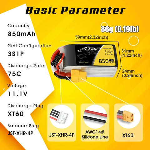 Image showing specifications of High Performance 850mAh 11.1V 75C 3S LiPo Battery Pack Set of Two With XT60 Plug for RC Cars Drones and Boats.