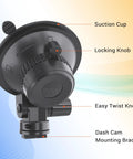 360 Degree Windshield Suction Cup Mount for R2-4K, R2-4K PRO, and R2-4K DUAL Dash Cams showing parts and functions