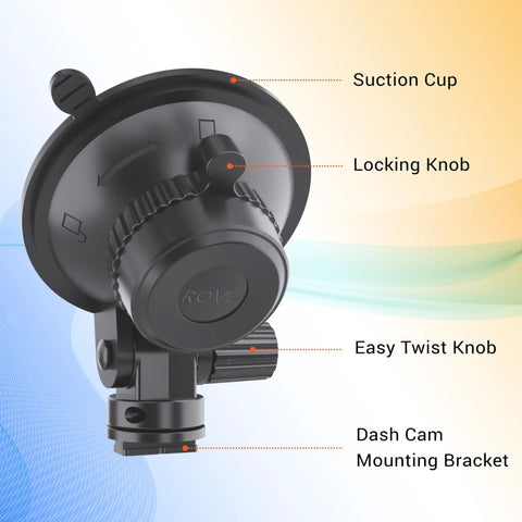 360 Degree Windshield Suction Cup Mount for R2-4K, R2-4K PRO, and R2-4K DUAL Dash Cams showing parts and functions