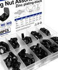 50 Piece M6 M8 M10 Wing Nuts Assortment Kit - Zinc Plated Black Finish in clear storage box, front view