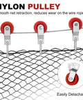 Red nylon pulleys on galvanized rope for 55Ft Batting Cage Cable Kit For Heavy Duty Baseball And Softball Nets With Wire Tension System.