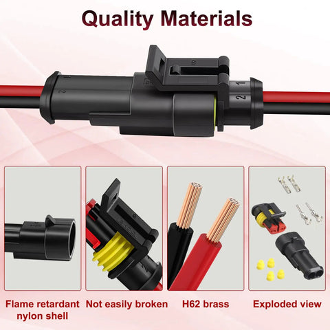 Exploded view of 2 Pin Waterproof Electrical Connector Set For 16 AWG Wires with flame-retardant nylon shell and H62 brass terminals.
