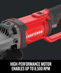 Close-up of V20 Angle Grinder Four And A Half Inch Compact Tool Only 8500 RPM Built For Heavy Duty Pro Grade Grinding motor housing