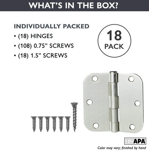 18 Pack Interior Door Hinges In Brushed Nickel Finish, 3.5 By 3.5 Inches, satin hardware, screws included, 5/8 inch radius