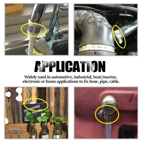 Applications of Twenty Pack 304 Stainless Steel Adjustable Hose Clamps 46 To 70 MM Range Worm Gear Clamp Kit shown in various settings.